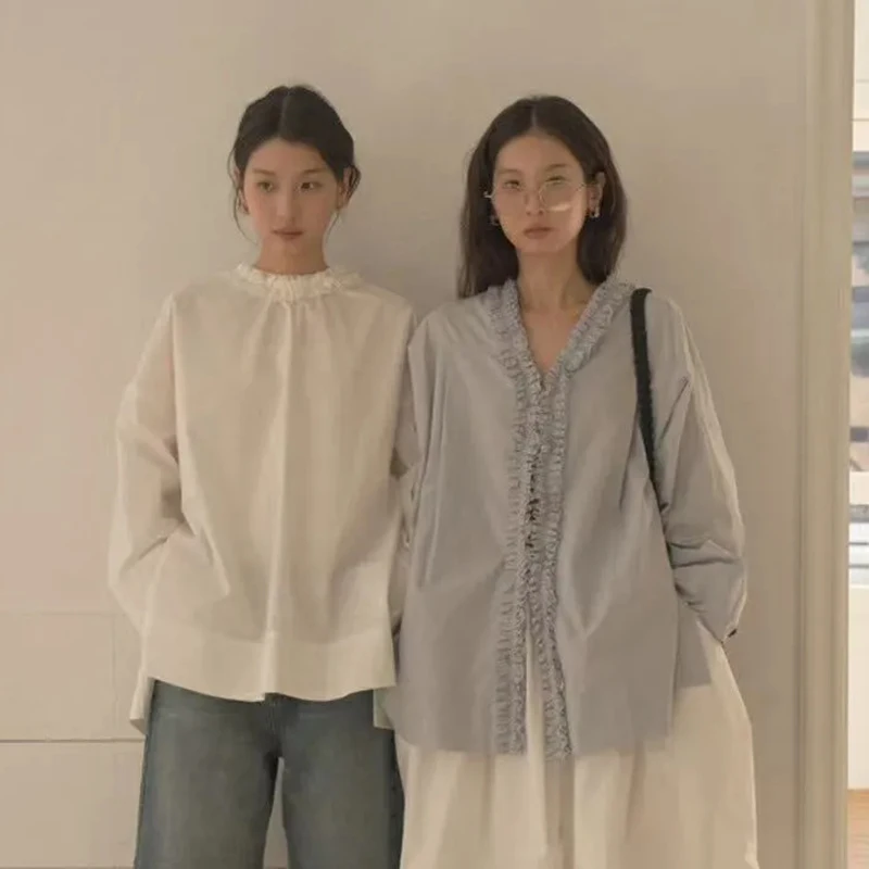 Camisa coreana de retales para mujer, Tops holgados elegantes de estilo pijo con cuello de pico, blusa informal de moda que combina con todo, novedad de verano Harajuku