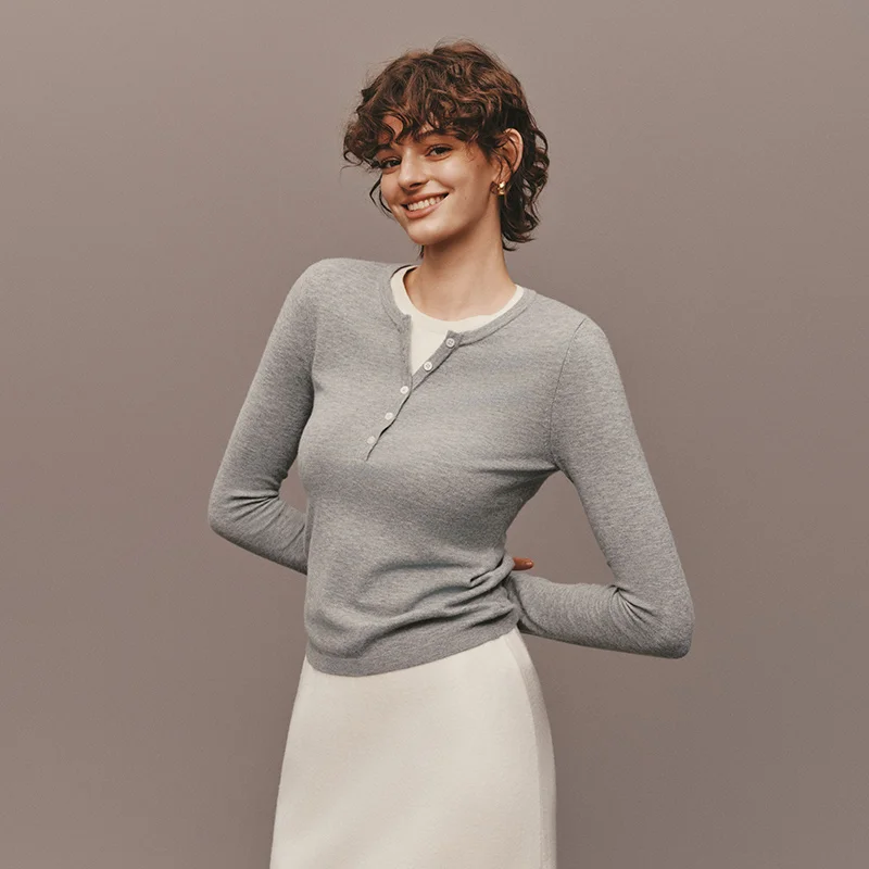 Women's Winter Knitted Sweater - Henley Collar, Slim Fit