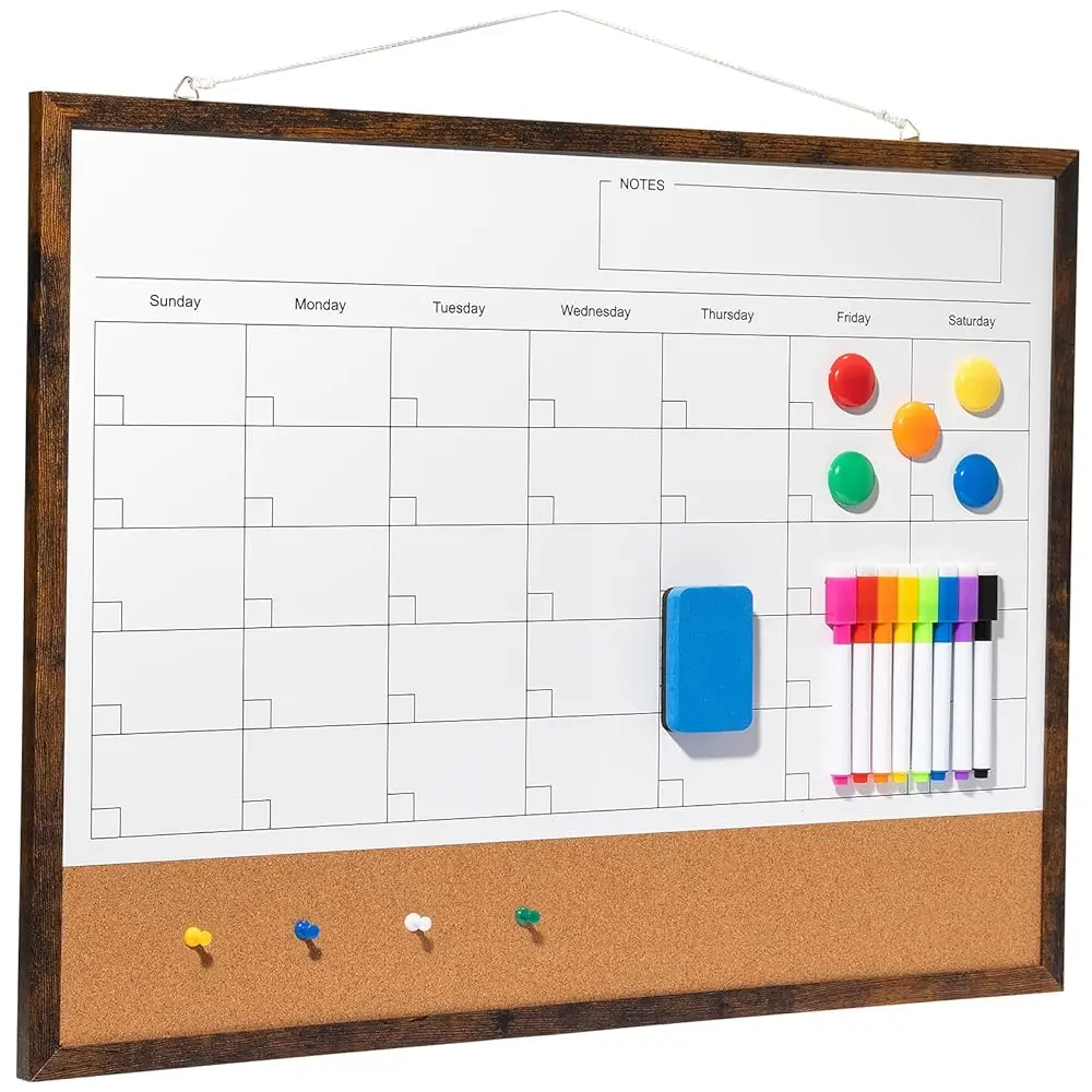 

Магнитная доска-календарь для сухого стирания, 24x18 дюймов, комбинированная доска из пробки и магнитной доски, многоразовый ежемесячный планировщик с 8 маркерами, стираемый.