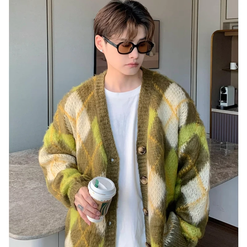 2023 Japanese Retro Mens Set Autumn College Couple Suit Diamond Lattice Loose Knit Cardigan+White Fleece Casual Pants 2-piece