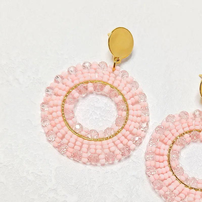 Beaded earrings Roundness Pink Hollow out Hand knitting Bohemia Alloy Crystal Tide Simple Geometry Rice bead earrings