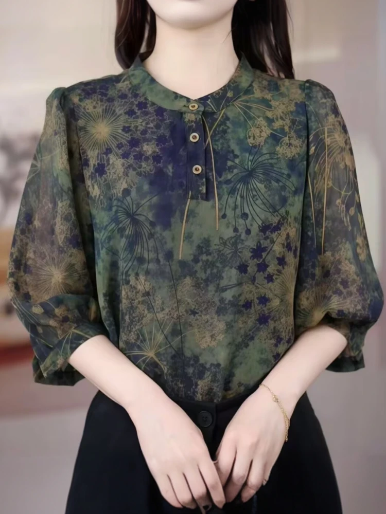 

Summer Ice Silk Breathable Printed 7/8 Sve Loose Fit Sun Protection Faionable Midlife Retro Large Size Chiffon irt