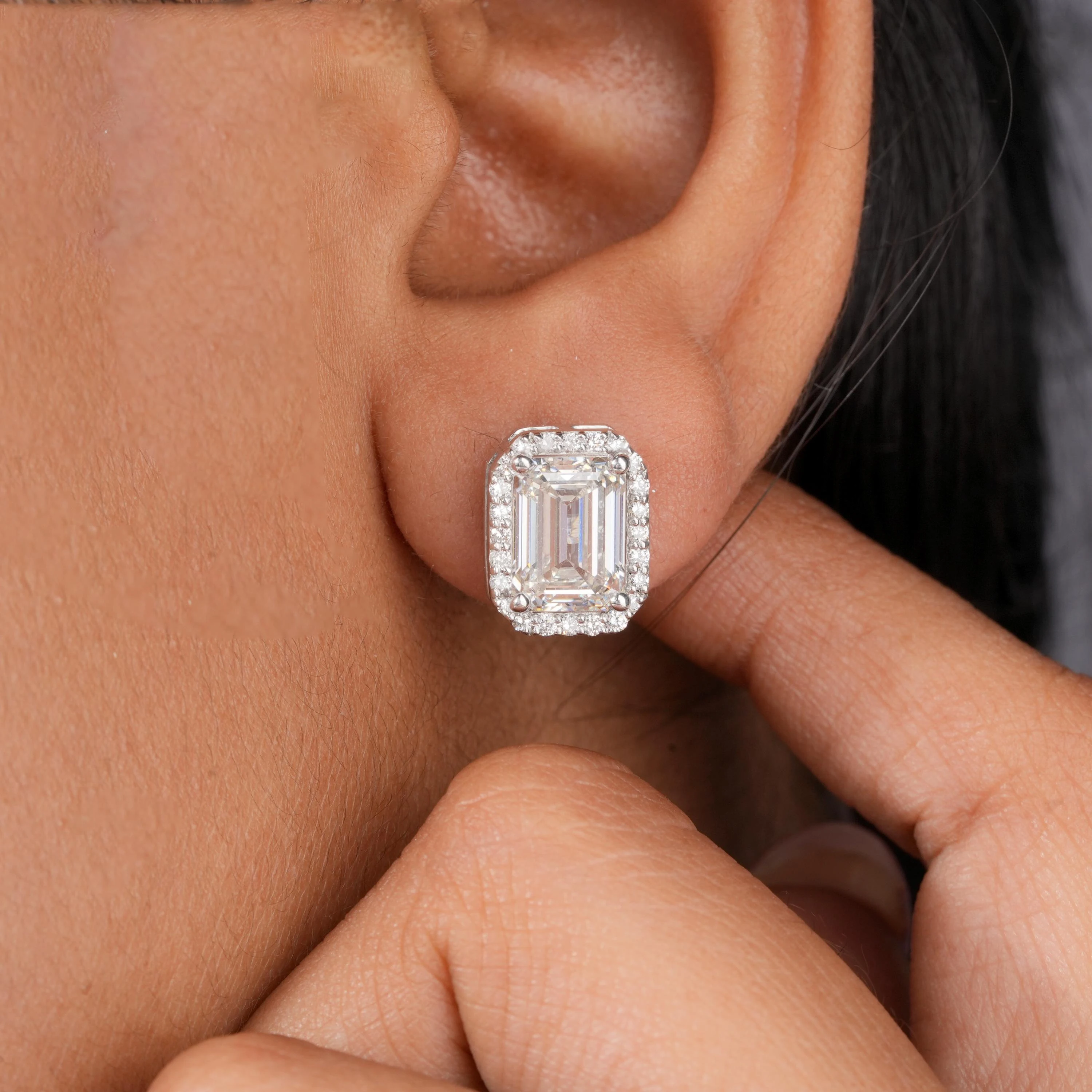 FEOBUR 0.5/1/2ct Emerald Cut Halo Moissanite Stud Earrings 925 Sterling Silver Diamond Rectangular Earring Women Bridal Jewelry