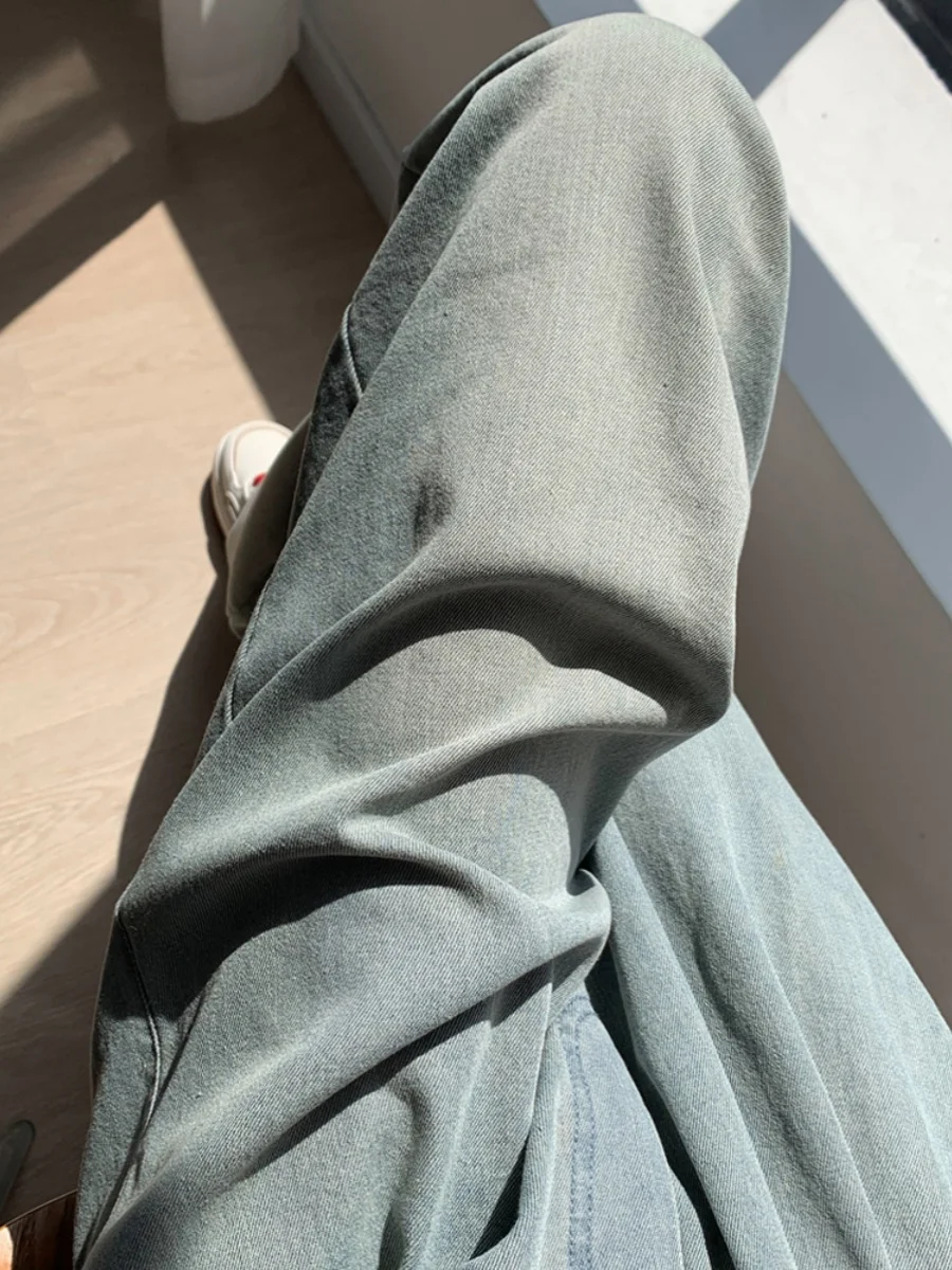 กางเกงยีนส์ผ้าไหมสีน้ำเงินเอวสูงทรงหลวมขาตรงสำหรับผู้หญิงฤดูร้อนรุ่นใหม่ไซส์ใหญ่ ทรงหลวมขากว้าง ช่วยให้ดูผอม