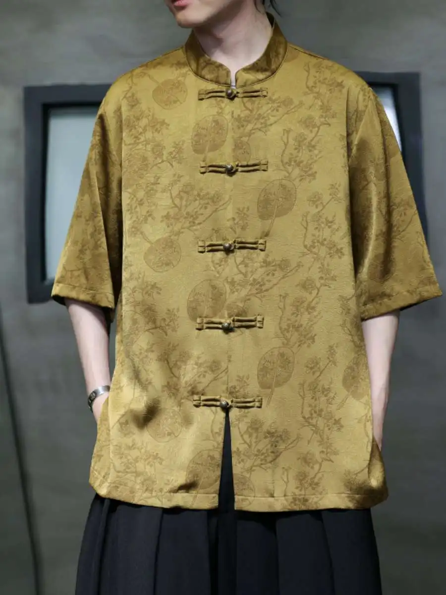 

Новый комплект мужской летней одежды из ледяного шелка: рубашка с коротким рукавом и брюки в китайском ретро-стиле с цветочным узором, улучшенный фасон Тан, большие размеры, этническая одежда