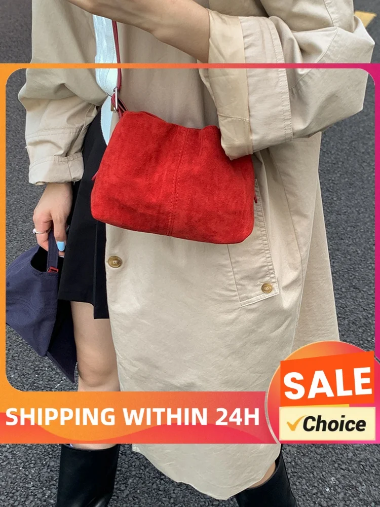 Women Faux Suede Shoulder Bag W/ Adjustable Strap Crossbody Bag Drawstring Top Handle Bag for Travel Winter Fall
