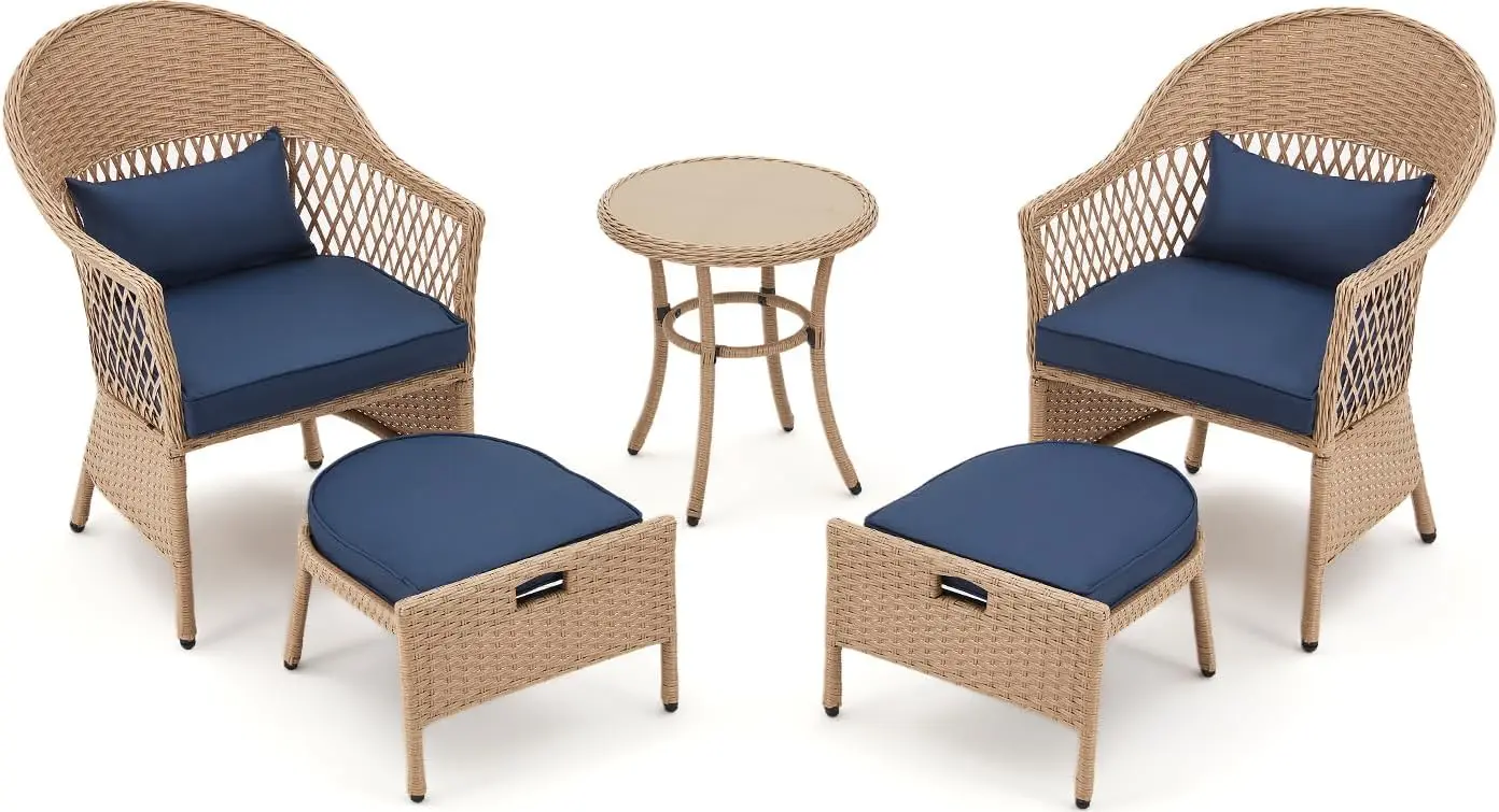 Outdoor Furniture Set, Rattan Conversation Sets W/Tempered Glass Coffee Table & Soft Cushions, Patio Chairs with Ottomans