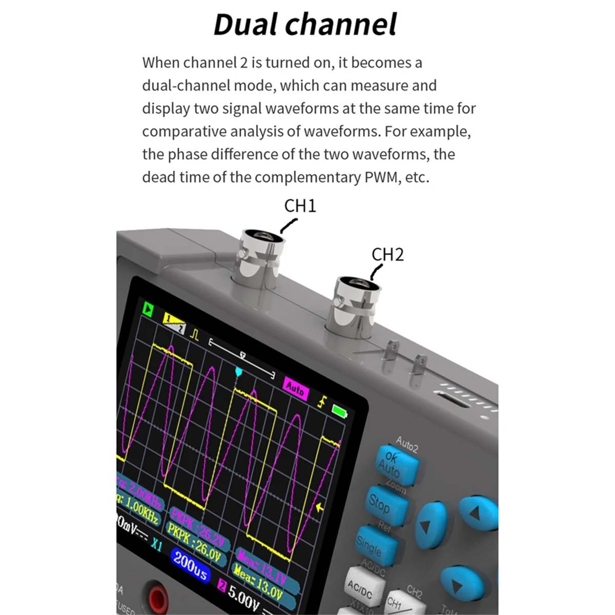 Osciloscópio digital multifuncional 3 em 1, canal duplo, taxa de amostragem de 250MSa/S, tela IPS de 3,2 polegadas-OldTree