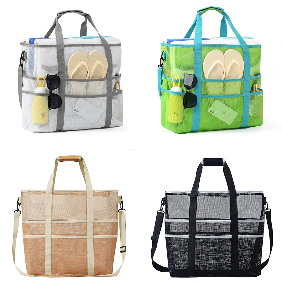 Bolsa de playa de malla Bolsa de mano plegable Bolsa de playa grande con bolsillo con cremallera para bolsa de piscina familiar para vacaciones