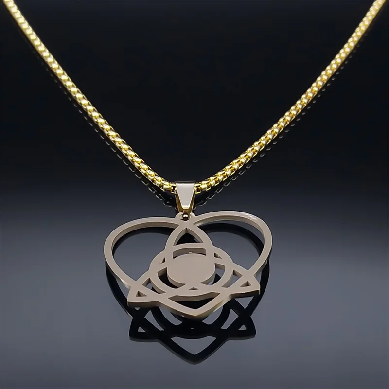 Witch Trinity Knot Heart Pendant Necklace for Women Men Silver Color Stainless Steel Celtic Triqueta Chain Irish Jewelry N8058S