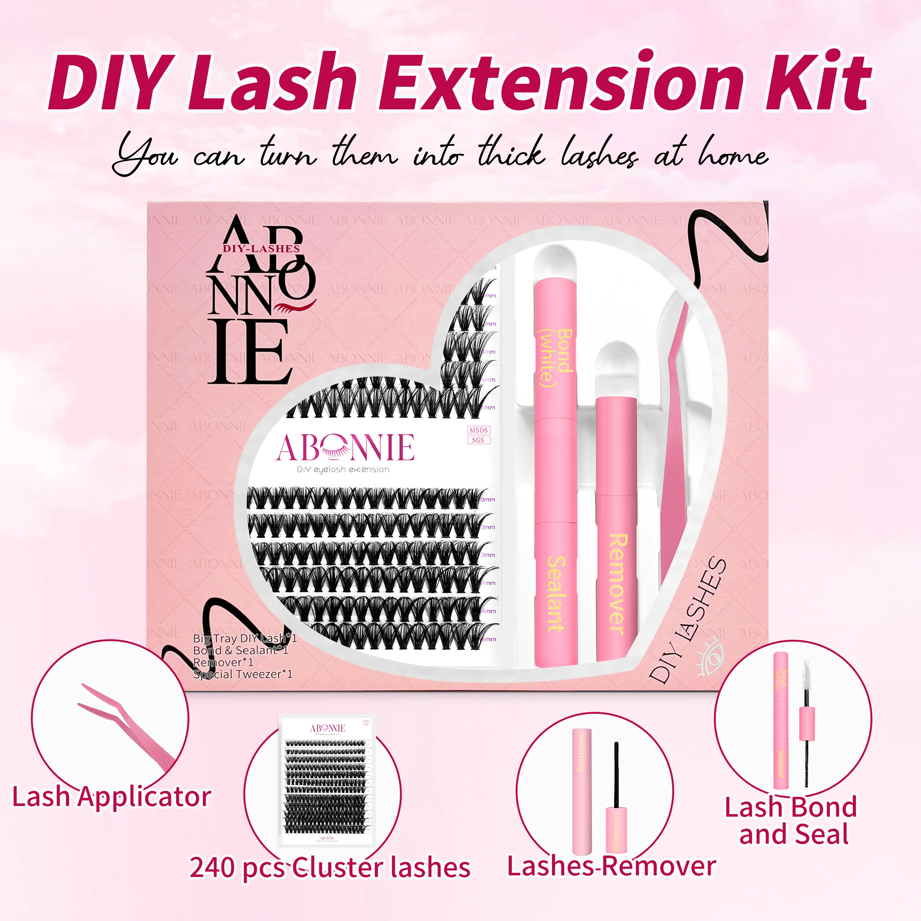 Abonnie-DIY Lash Extensões Kit, Cílios Cluster Individuais, Wispy Cílios Falsos Conjunto Cluster