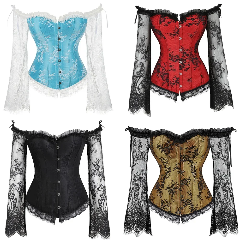 

Flat Shoulder Lace Long Sleeves Corset for Women Victorian Retro Evening Party Dress Sexy Off Shoulder Overbust Corset Plus Size