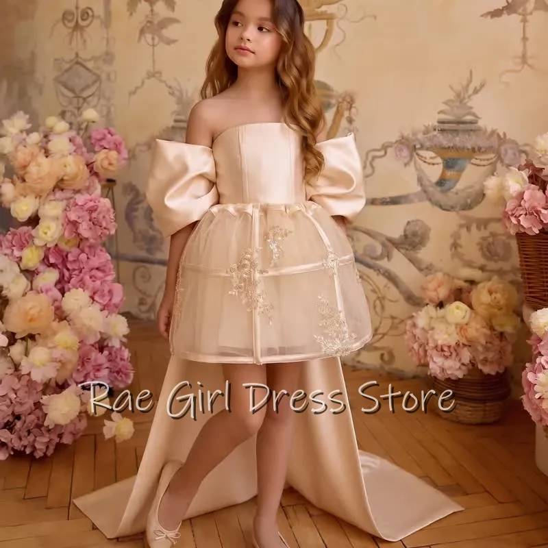 Vintage Champagne Satin Flower Girl Dress Off Shoulder Big Puff Sleeves Mini A Line High Low Train Gown Lace Embroidery