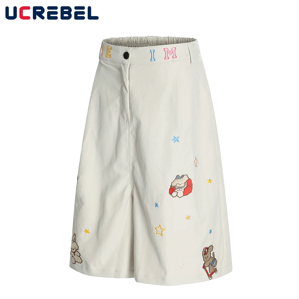 Cartoon Embroidery Casual Shorts Mens Summer High Street Elastic Waist Straight Wide Leg Half Pants Men