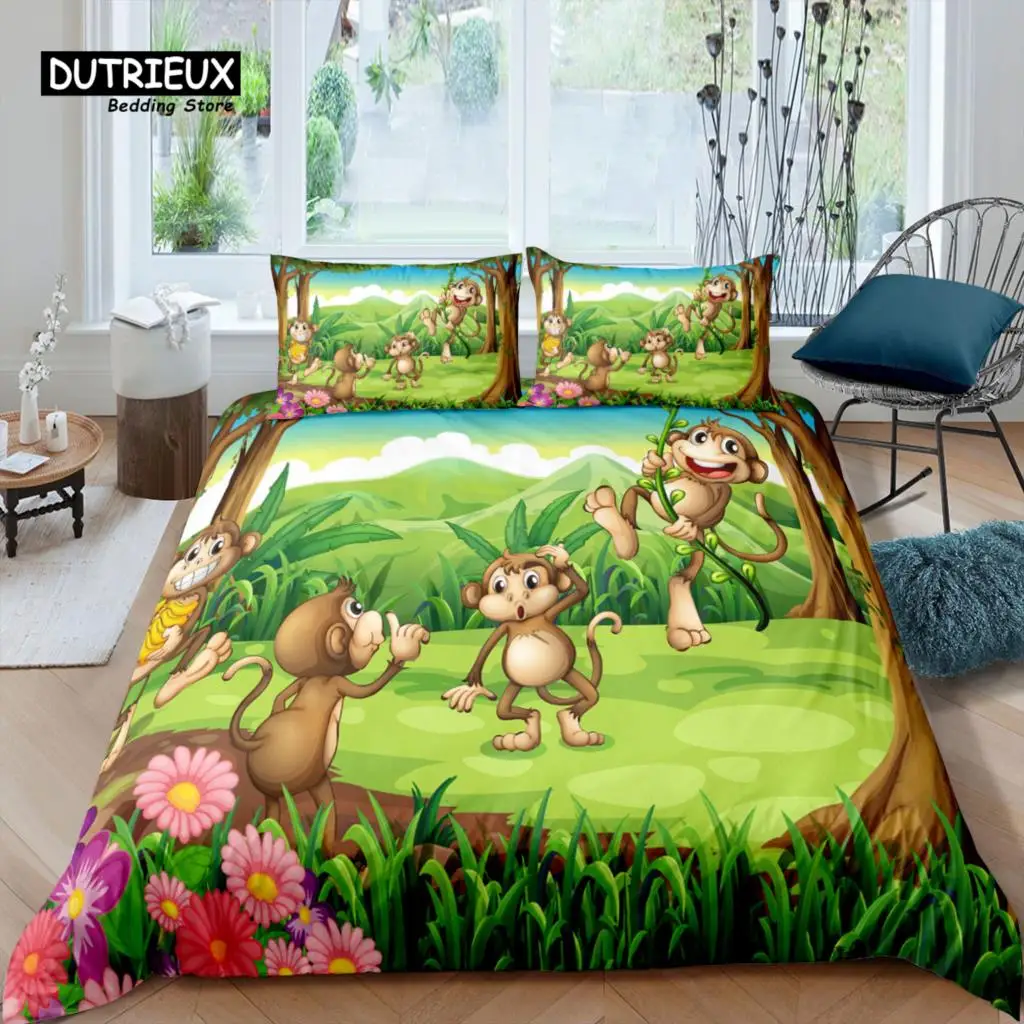 Home Living Luxury 3D Cartoon Monkey Bedding Set Duvet Cover Pillowcase Kids Bedding Set Queen and King EU/US/AU/UK Size