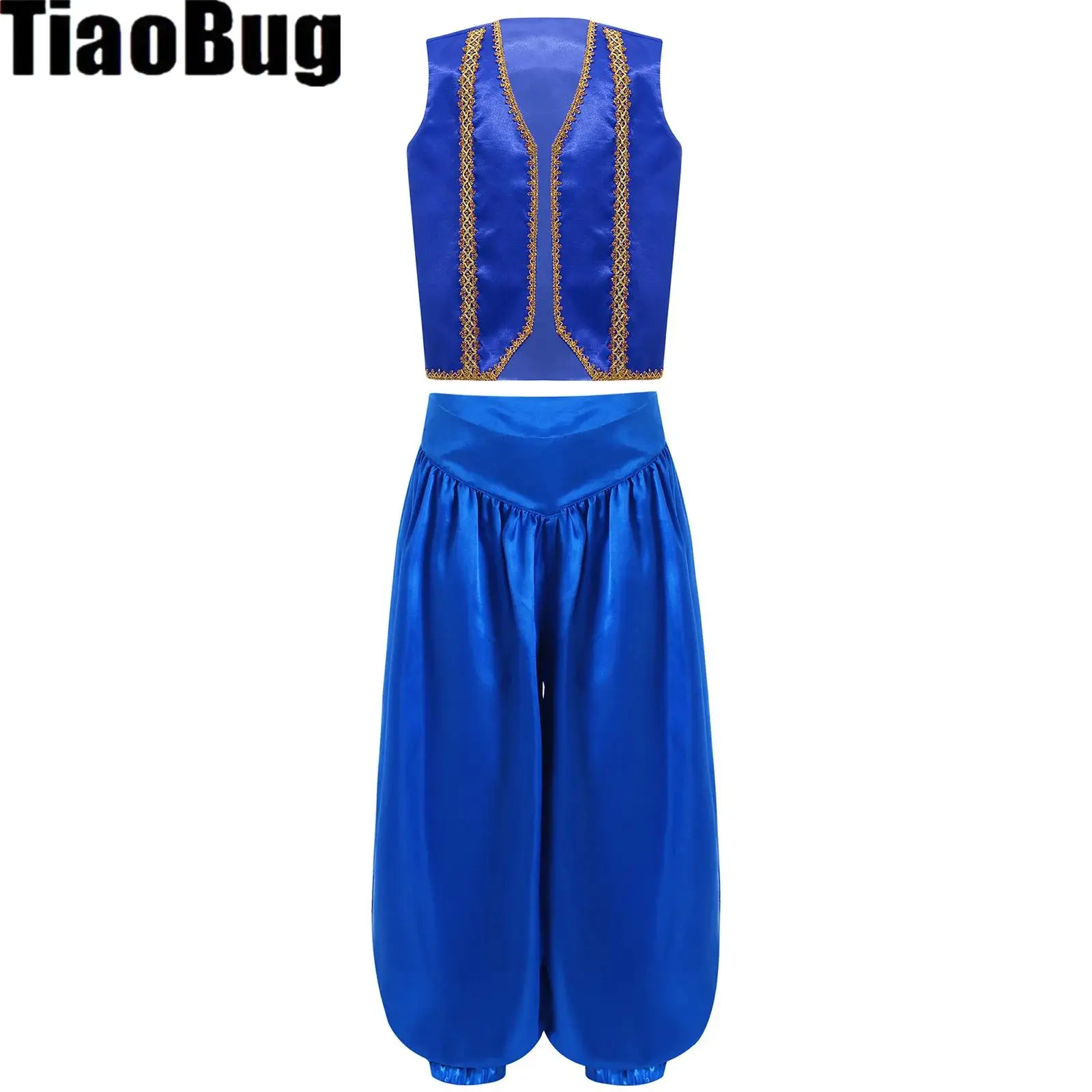 Kids Belly Dance เครื่องแต่งกายชุดทอง Trim เสื้อกั๊กขากว้าง Bloomers กางเกงฮาโลวีน Fairytale ตัวละครคอสเพลย์เครื่องแต่งกาย