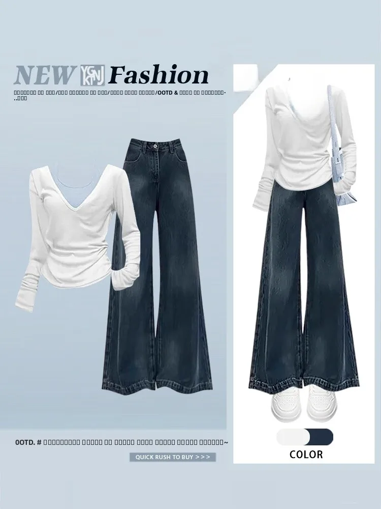 

Корейский комплект джинсовых брюк в стиле ретро с высокой талией, антивозрастной весенней солью, женский комплект Faion, длинные брюки V-Ne све