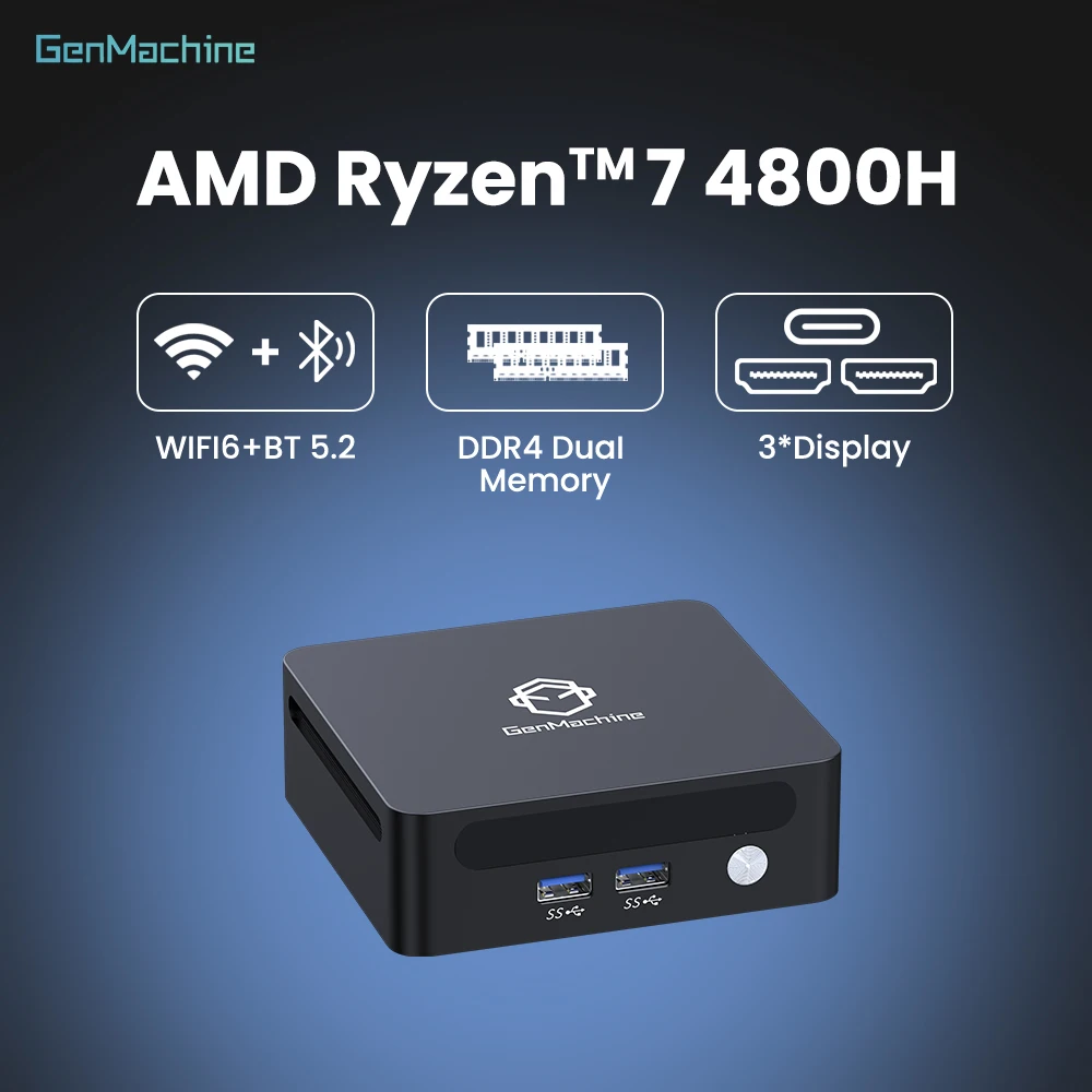Genmachine AMD Ryzen 7 4800H ,8C16T 4.20 GHz, TDP:45W Mini Desktop Computer Dual M.2 SSD  Dual HDMI 4K Diy Gaming Computer