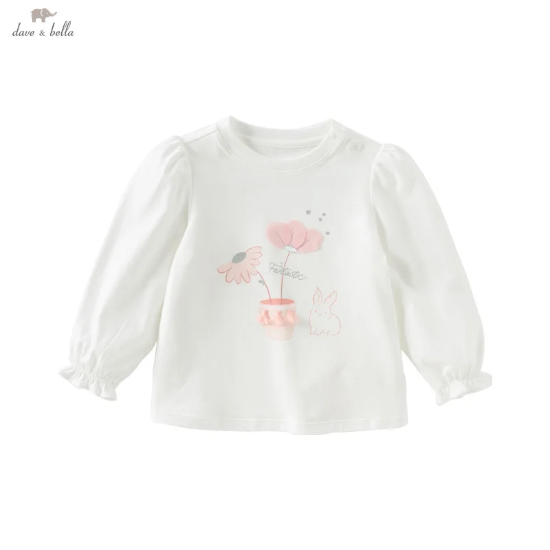 Dave Bella Children's T-shirt 2025 New Spring Girl's Sweet Print Bottoming Shirt Casual Baby Cotton Top Gentle Party DB1250336