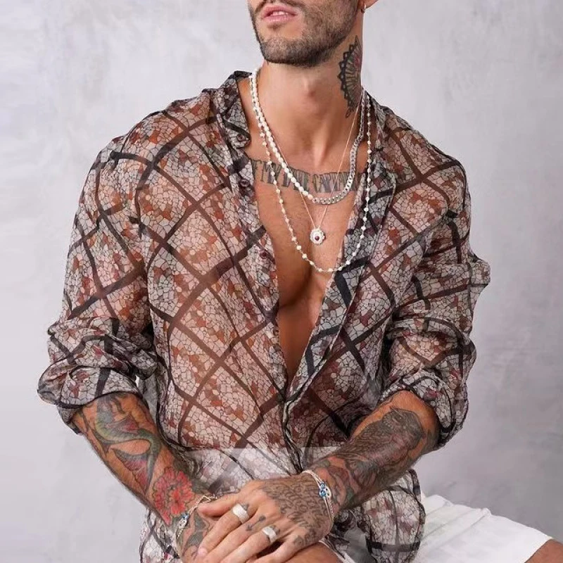 Fashion Pattern Printing Mens Shirt Sexy See Through Mesh Thin Shirts Long Sleeve Button-up Turn-down Collar Casual Cardigan Men