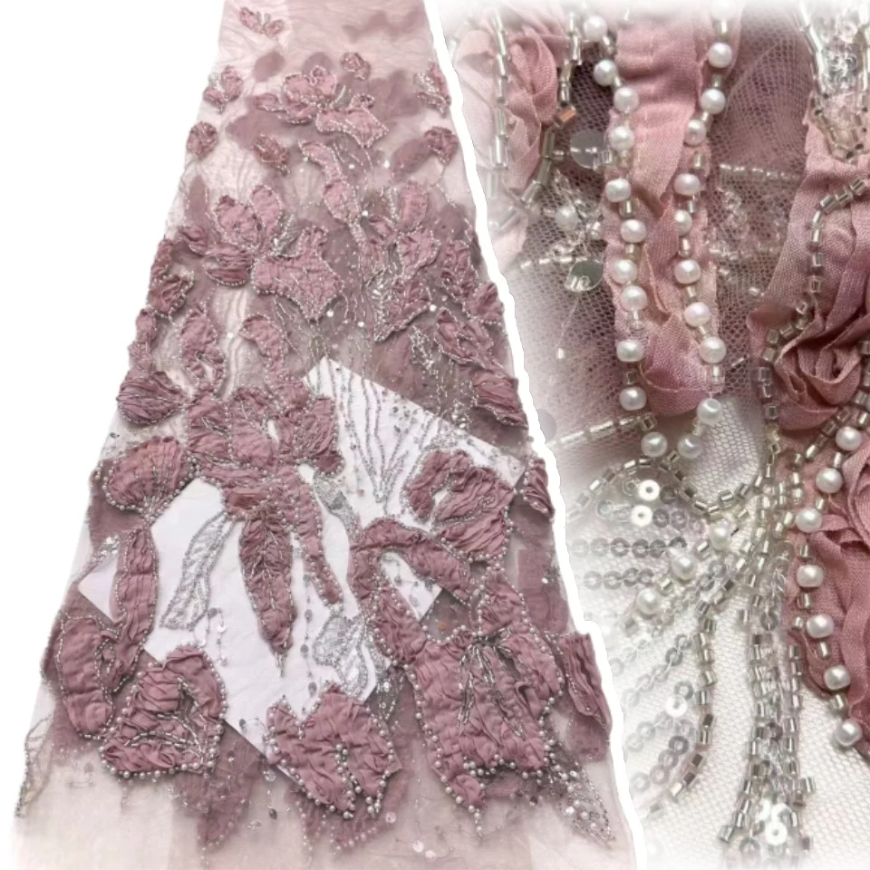 

2026 Newest Nigerian 3D Bridal Lace Fabric Luxury African Beaded Sequined Mesh Lace Suitable for Wedding Dresses 5 Yards 1895