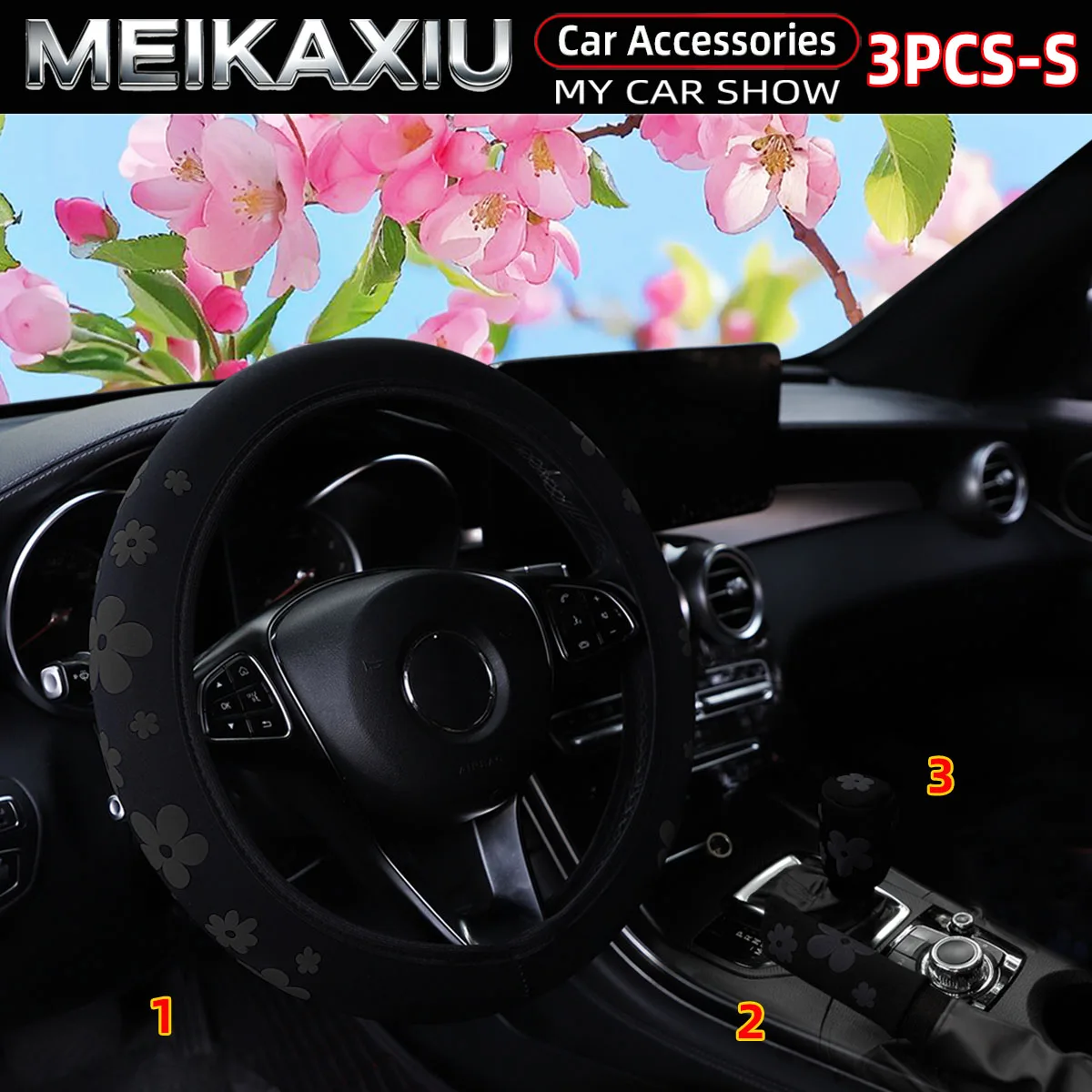 3-teiliges Set Schaumstoffblumen 3D Stoff Auto Lenkradbezug Handbremsenbezug Schalthebelbezug Auto-Zubehör für Frauen – Detail 6