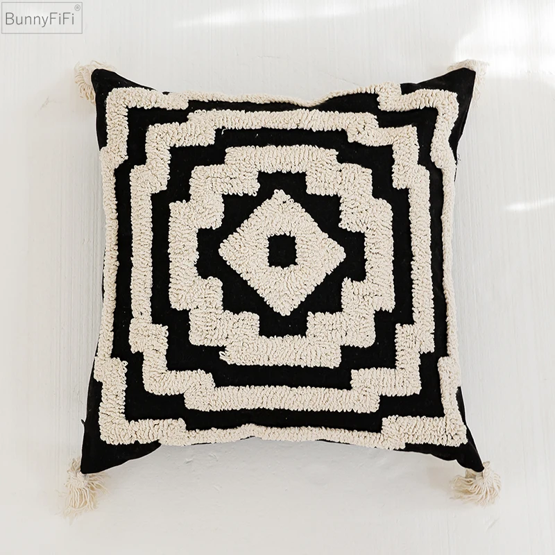 for Black Boho Pillow Cover Cushion Ivory Tassels Cover Tufted Home Decoration Living Room Bedroom Sofa Couch Square 45x45cm