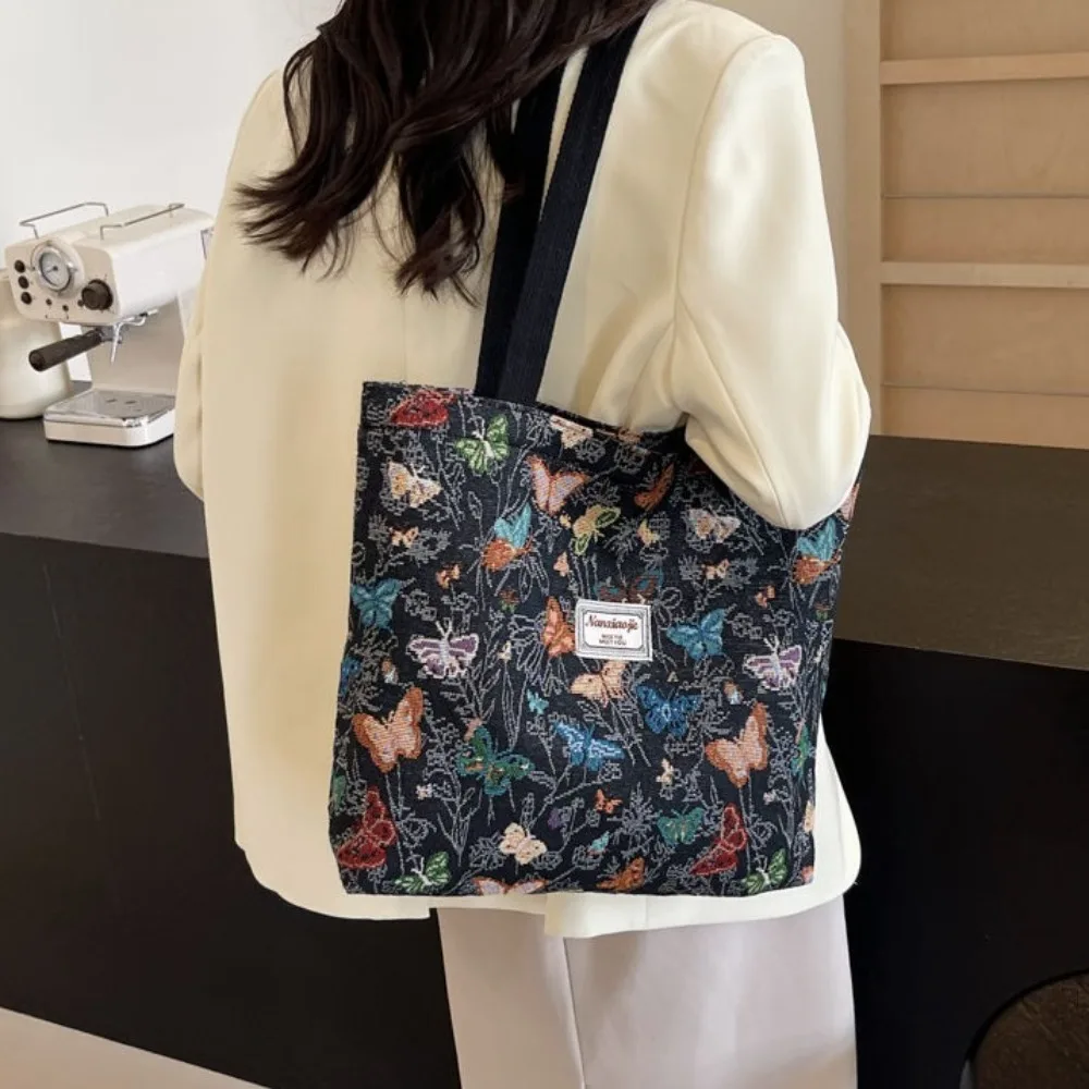 

Портативная женская сумка-тоут с цветочным принтом, утолщенная, на плечо, большая вместимость, из холщовой ткани, жаккардовая, с узором бабочки