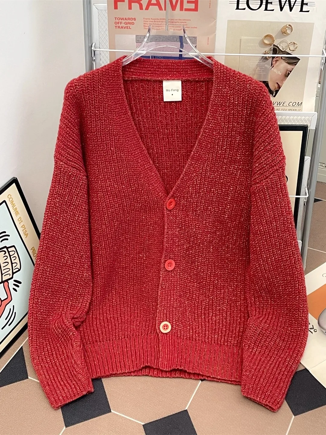 

Red V-Ne Open Cardigan Sweater Men's Loose Casual Winter Knitted Coat Couple Sle New Year Celebration Lazy Boy Clothes