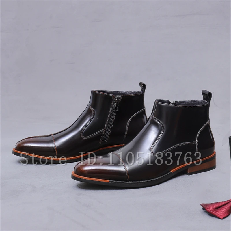 

Brand New Men's Genuine Leather Chelsea Boots British Style Patchwork Flats Ankle Boots Fashion Business Formal Dress Shoes