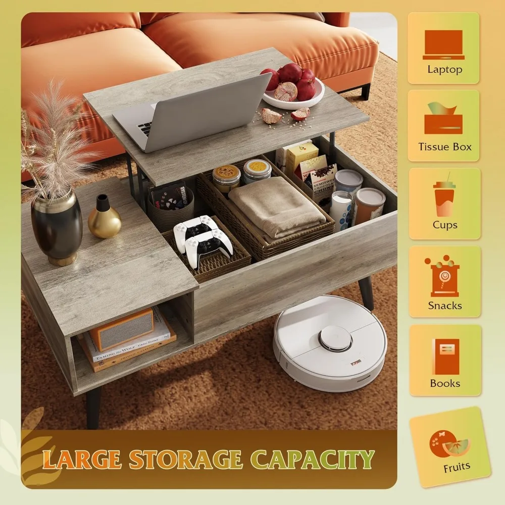 Rising Storage Coffee Table for Living Room, Small Wooden Lift-Top Dining Table with Storage Space, Versatile Center Table with