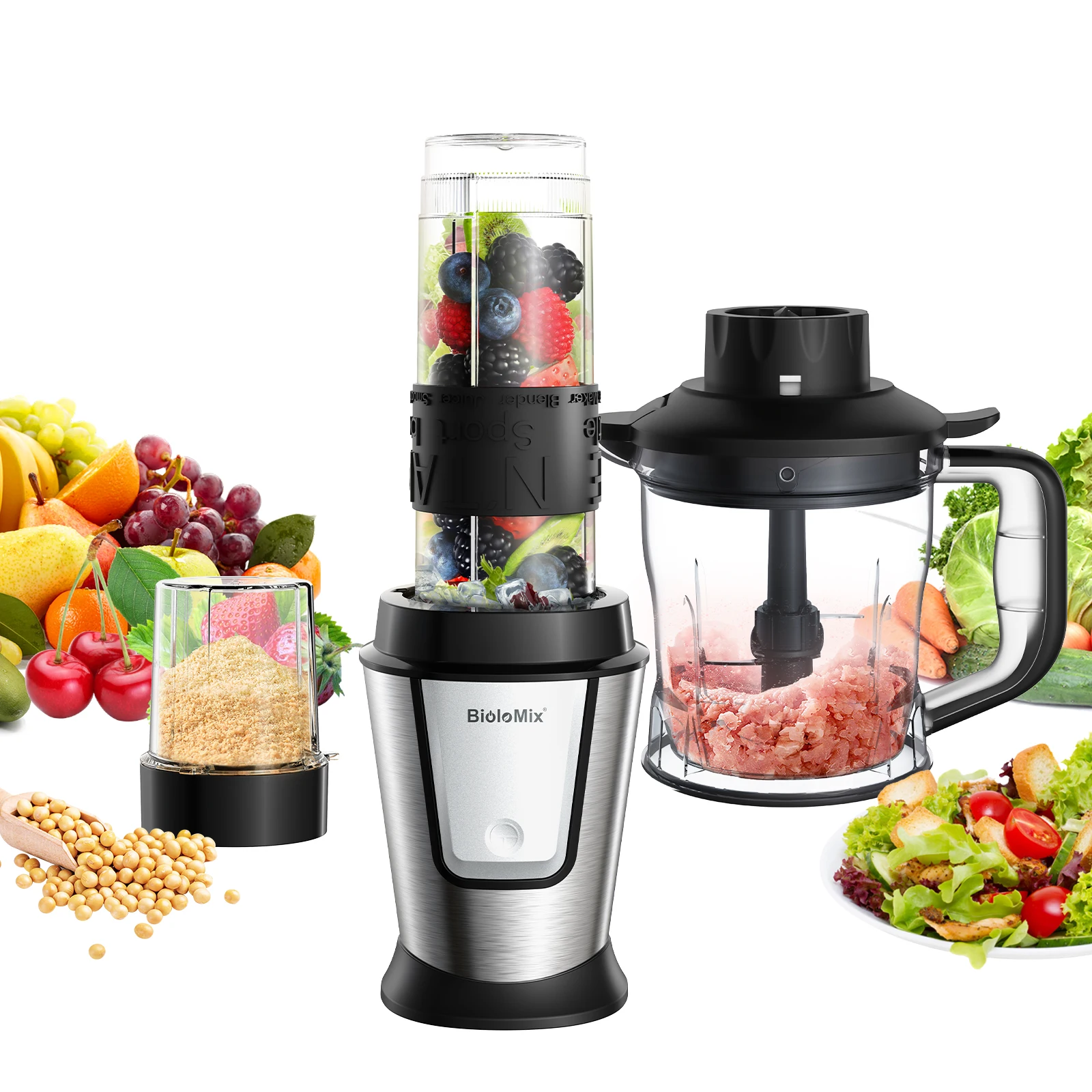 BioloMix 3-in-1 Multifunctional Food Processor 700W Portable Juicer Blender Personal Smoothie Mixer Food Chopper and Dry Grinder