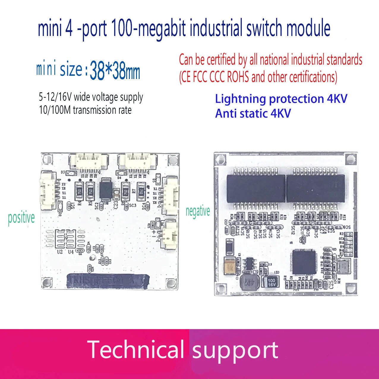 

4 10/100M Industrial Ethernet Switch board 802.3af/AT port power supply 100M switch Lightning protection 4KV Anti static 4KV