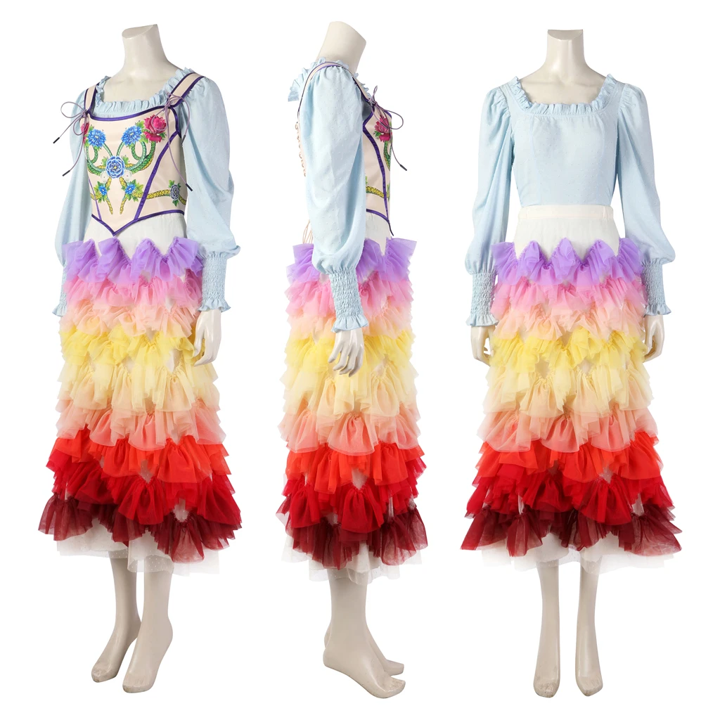 The Ballad of Songbirds and Snakes Lucy Cosplay Costume Embroidered Vest Rainbow Skirt Shirt Set Women Halloween Roleplay Outfit