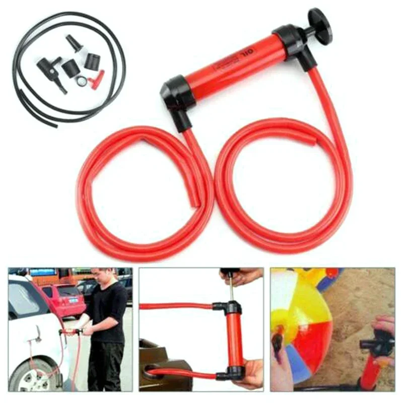 1 Juego de bomba de combustible de aceite y agua multiusos para coche, duradera, ligera, de plástico rojo, Kit de bomba de herramientas de sifón de tubo líquido de transferencia