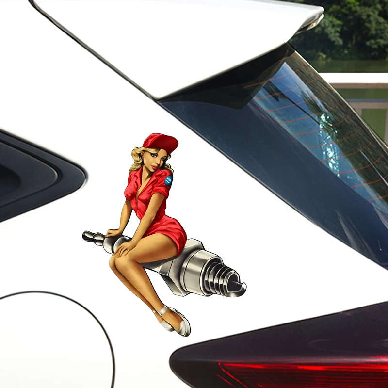 Spark Plug Pin Up Girl Decal, Red, Car Truck Motorcycle Bumper Sticker Decal, Cartoon, Anime, Animation, Laptop, Notepad, Cup view 2