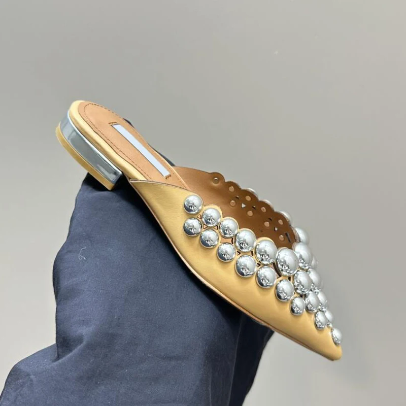 V-mouth Ladies Pointed Toe Slipper Shoe Real Leather Gold Pearls Decor Luxury Evening Party Leisure Mules Lazy Slides for Female