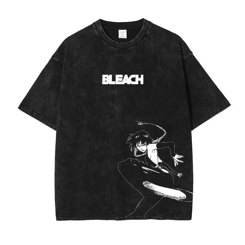 Camiseta Gráfica de Manga Corta de Algodón Unisex con Diseño de Bleach Ichigo Kurosaki Renji Zaraki Kenpachi, Estilo Vintage Lavado Oscuro, Anime