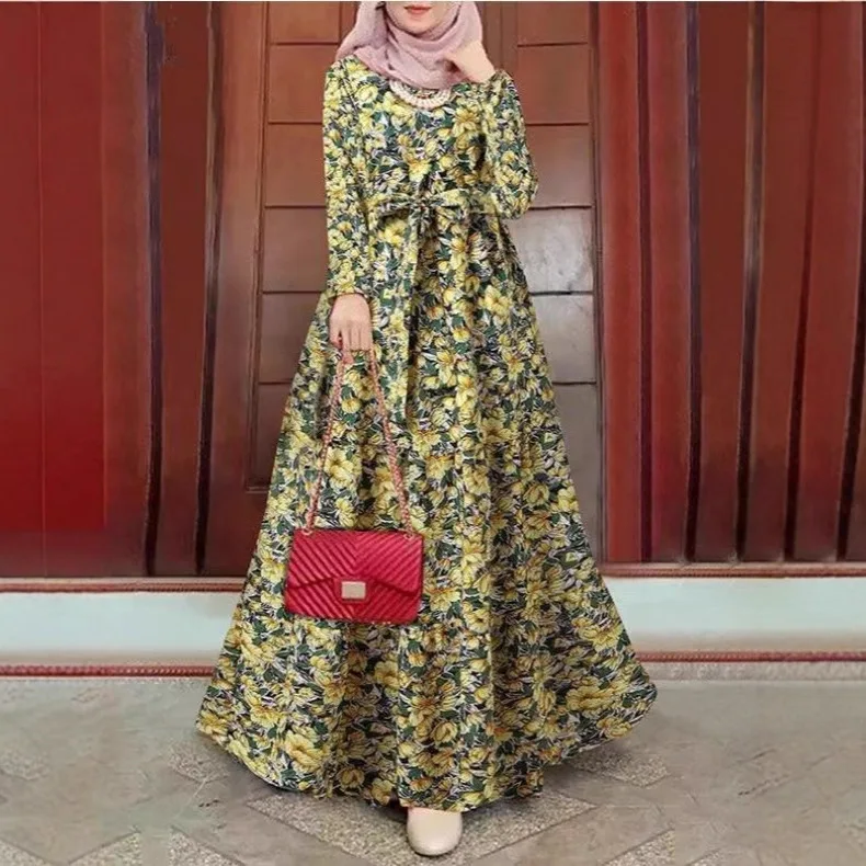 Nueva moda, vestido modesto de manga larga con estampado Floral para mujeres musulmanas, bata informal para mujer de Oriente Medio con cinturón para vestidos de Dubái