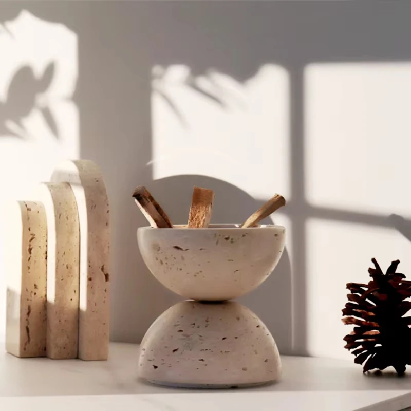 Beige Travertine Sphere Incense Burner Natural Marble Stone Home Decoration, Religious Round Ornament B-A51M