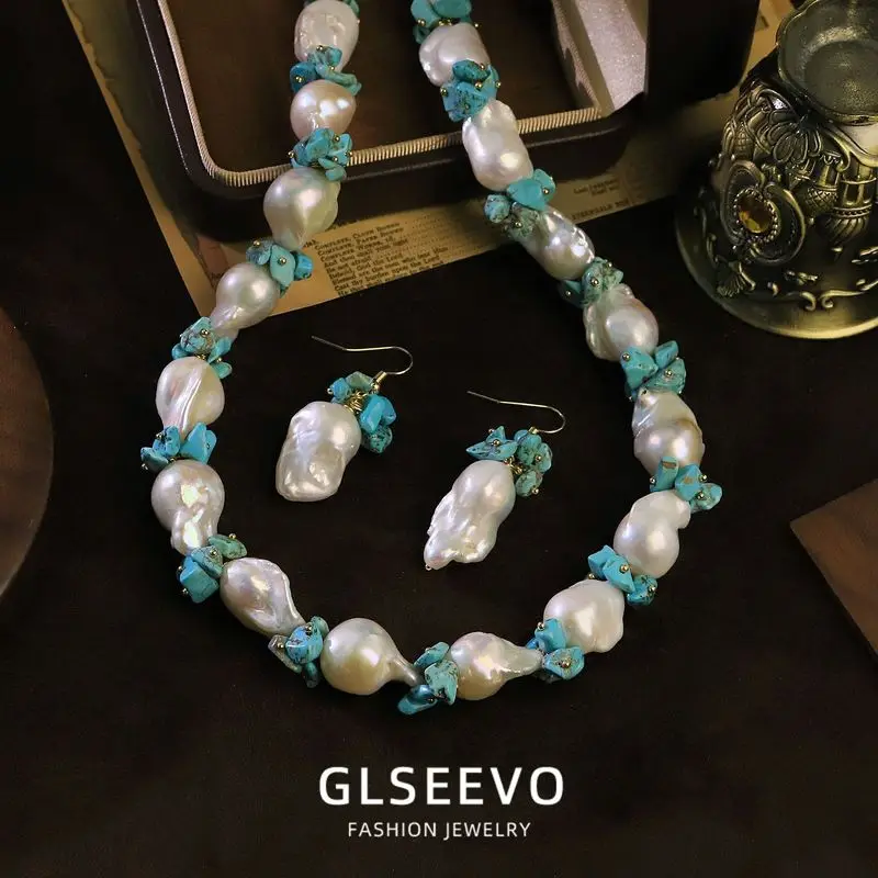 Design Natural Baroque Pearl Turquoise Necklace And Earring Set Versatile Jewelry Women