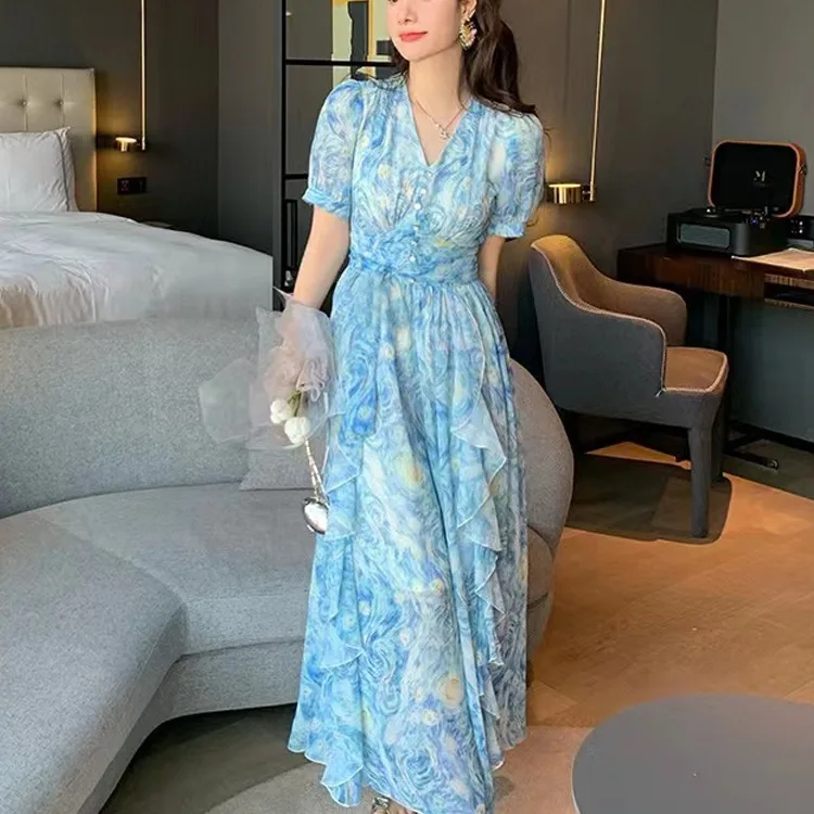 Novo Chegada Vestido de Chiffon F Decote em V Manga Bufante Saia Maxi Ultra Rodada Sensação de Luxo Leve Verão 2024