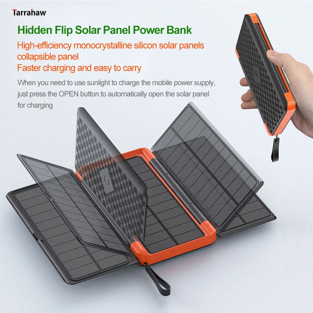 Hidden Flip Solar Panel Portable Solar Power Bank for Travel,Camping,Outdoor Activities and Hiking with USB + Wireless Charging