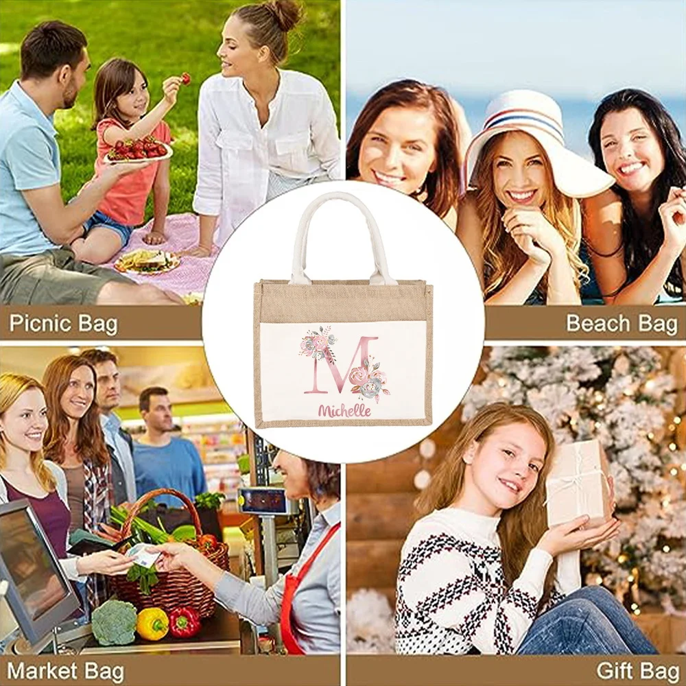 Customizable Name Hemp Cloth Handbag Linen Shoulder Bag Women's Shopping Bag Grocery Shopping Bag Pink Letter Pattern