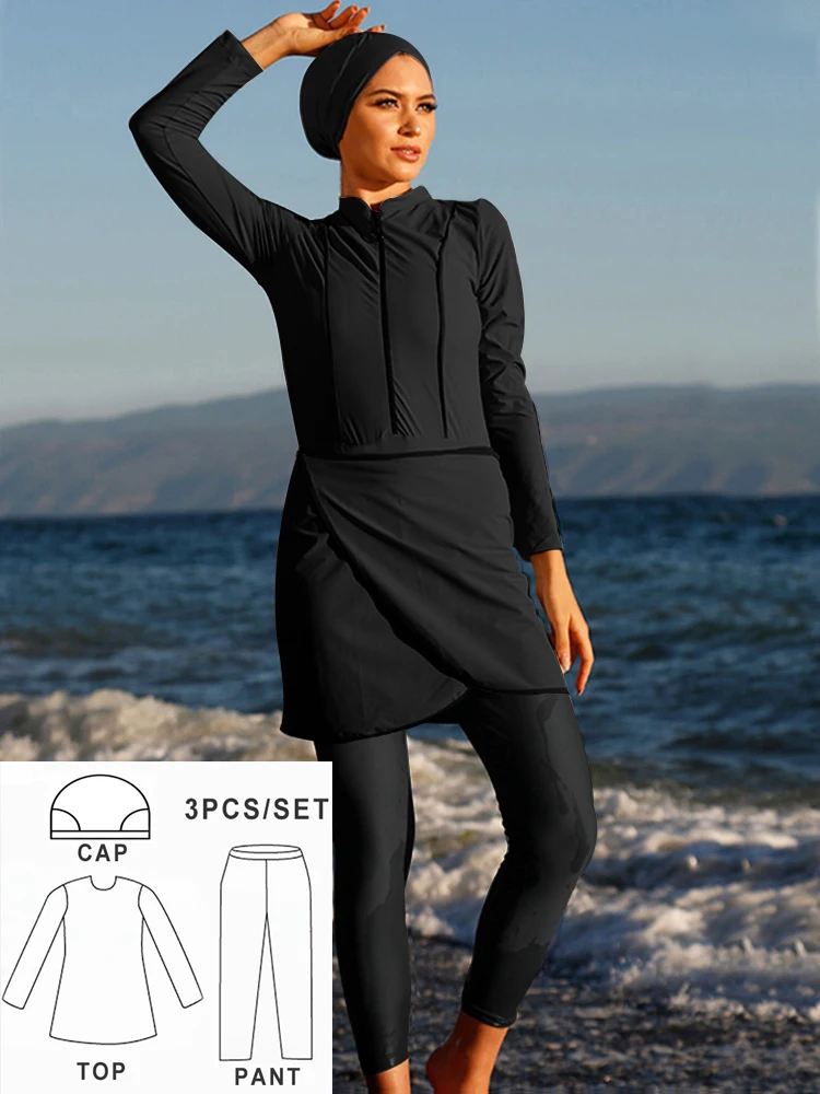 

Буркини, 3 шт./компл., облегающий мусульманский купальник с длинными рукавами, купальный костюм, быстросохнущий, UPF50+ (топ + брюки + хиджаб)