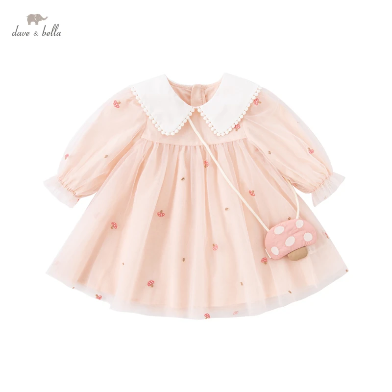 Dave Bella Children Clothing Kids Dress Spring Autumn Baby Kids Girls\' Dress Pink Cute Style Long-Sleeved Dress DB3222979