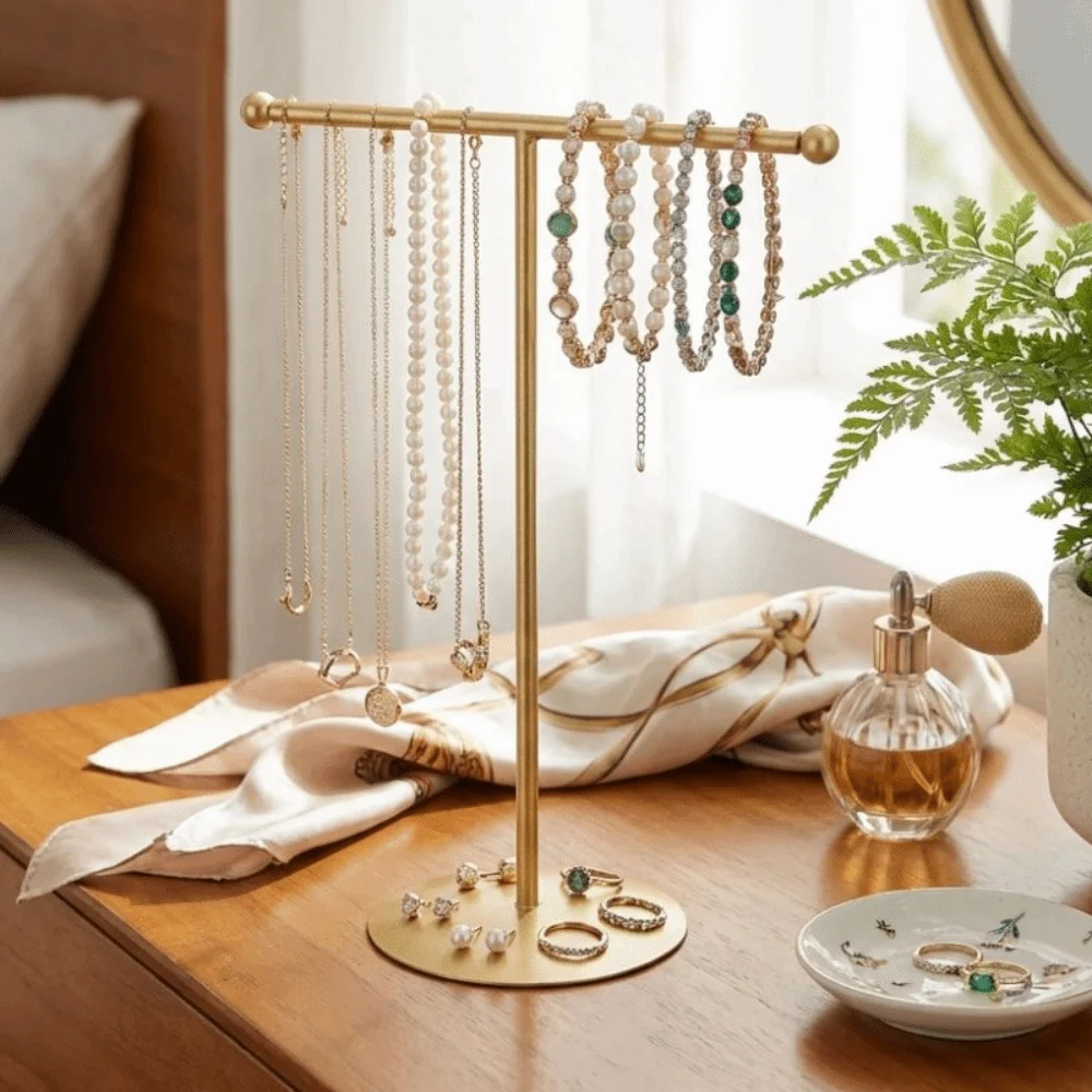 Metal Frame Jewelry Display Stand Round Base Single Layer Jewelry Storage Rack Horizontal Bar Moisture-proof T-Shaped Stand