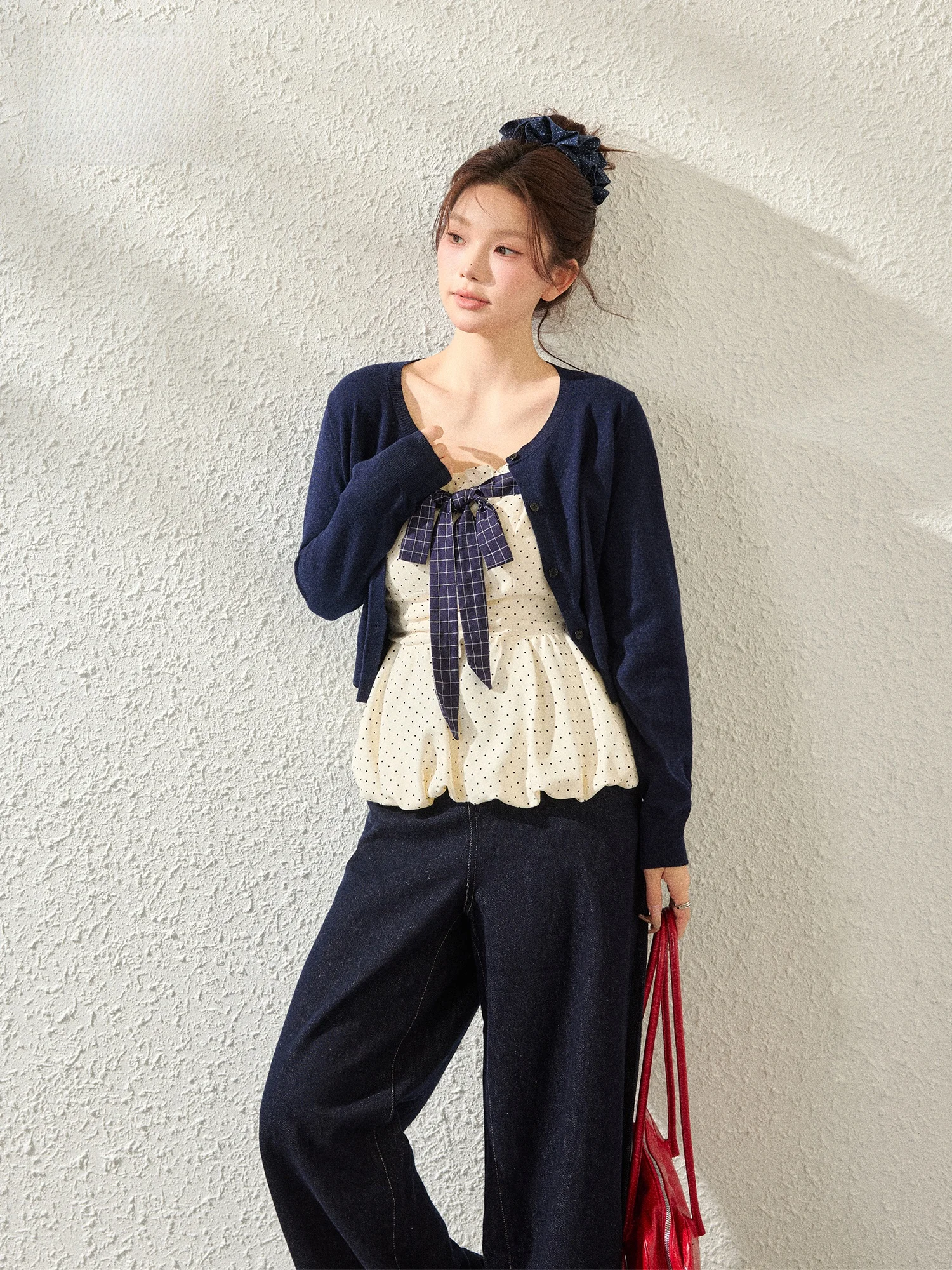 

plus Size Women's Spring Fashion Set Deep Blue Polka Dot Top High Waist Jeans Korean Style Sweet Feeling plus Size Sister