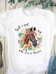 Camiseta con estampado de caballo para mujer, Top de manga corta con cuello redondo, ropa informal de verano