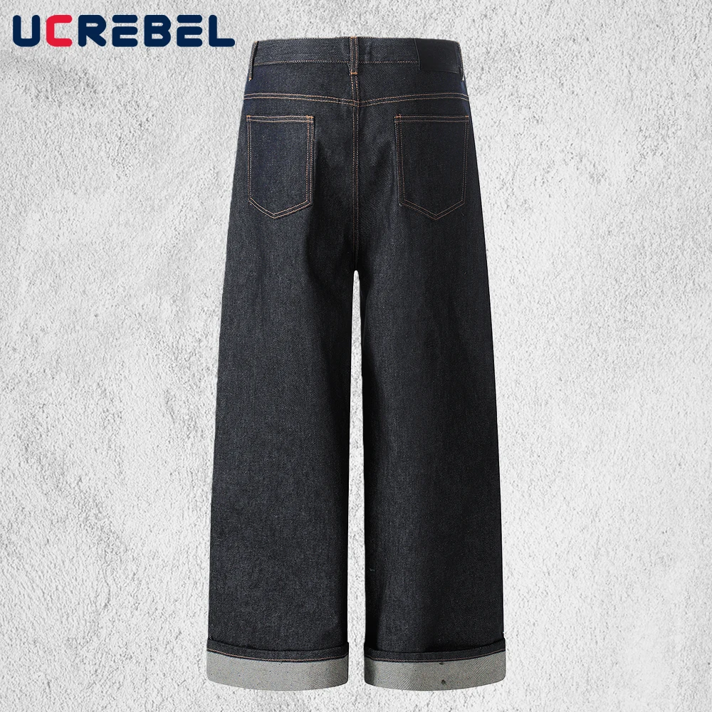 Patch Letter Embroidery Raw Jeans Mens Spliced Retro High Street Baggy Straight Wide Leg Denim Pants Man
